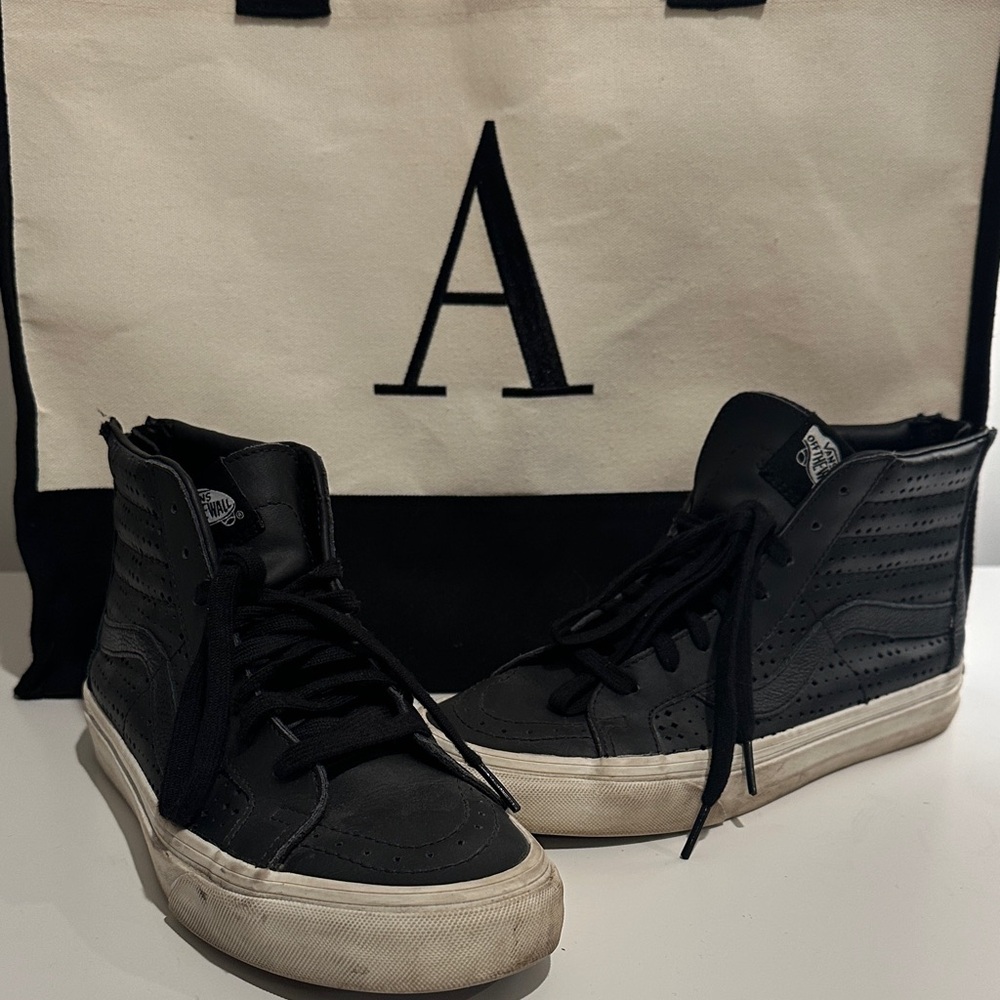 Vans Black Leather High-Top Sneakers with White Soles Size 6.5